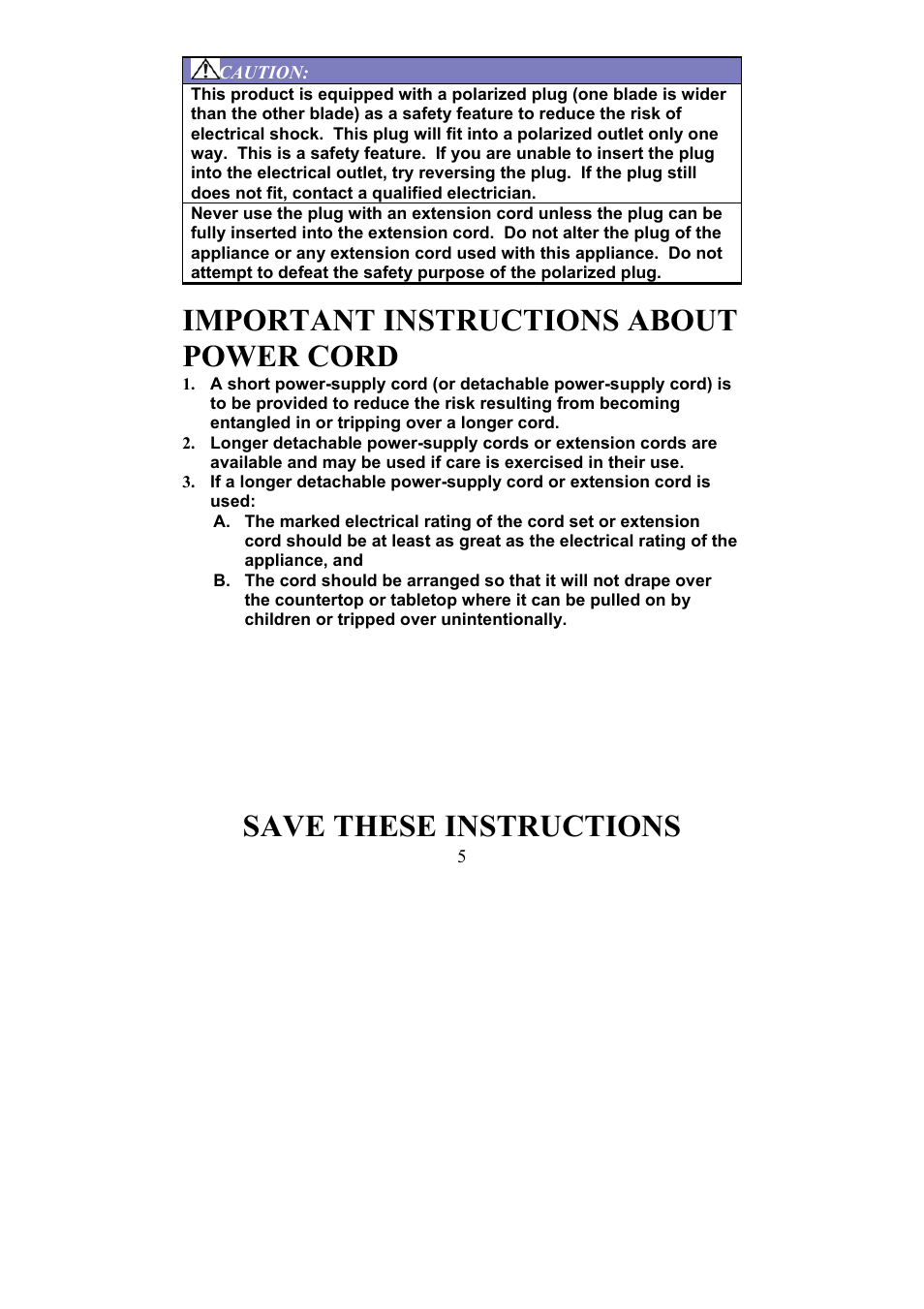 Important instructions about power cord, Save these instructions | Magic Chef EWTS3S2 User Manual | Page 5 / 10
