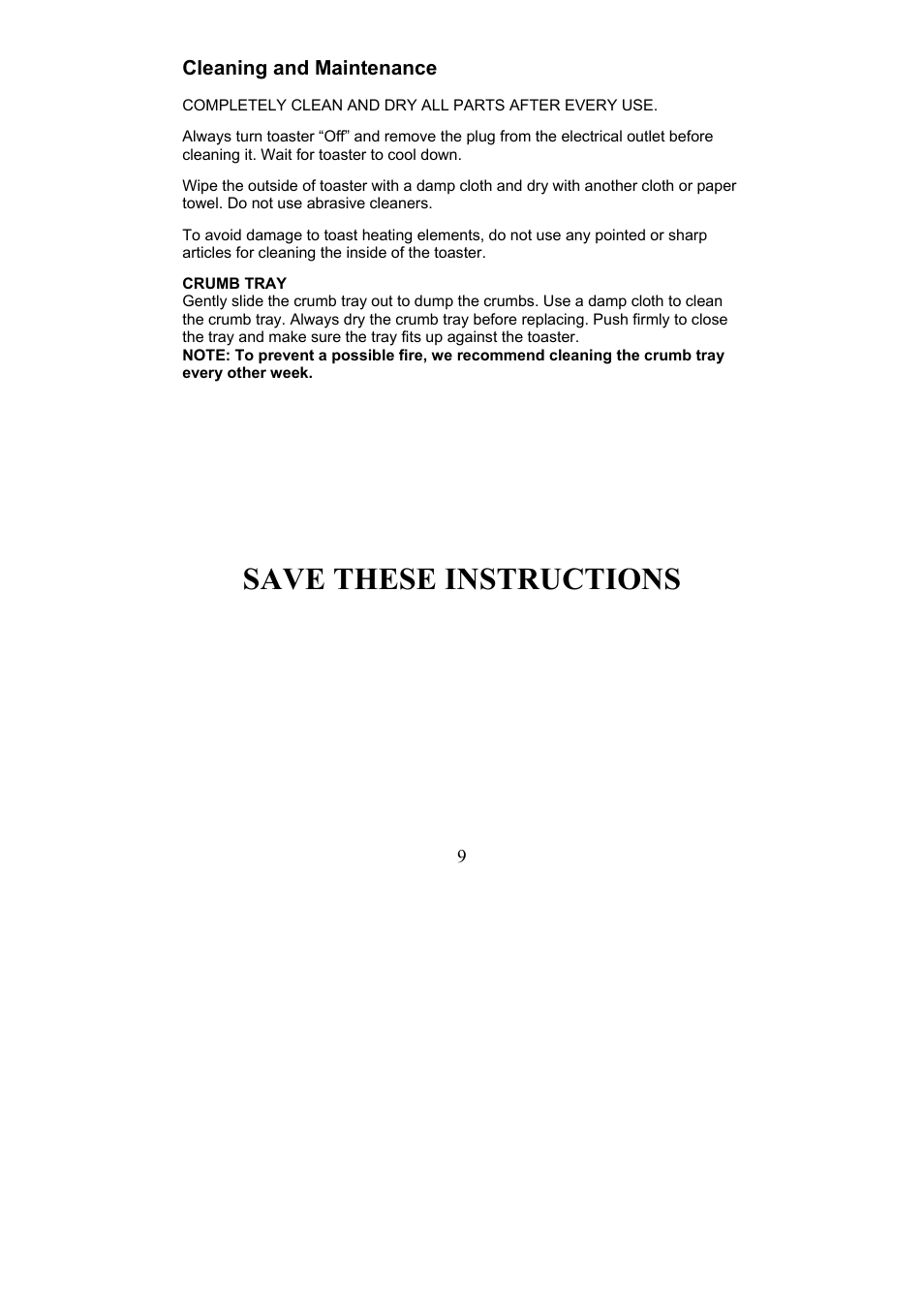 Save these instructions | Magic Chef EWTS3S2 User Manual | Page 9 / 10