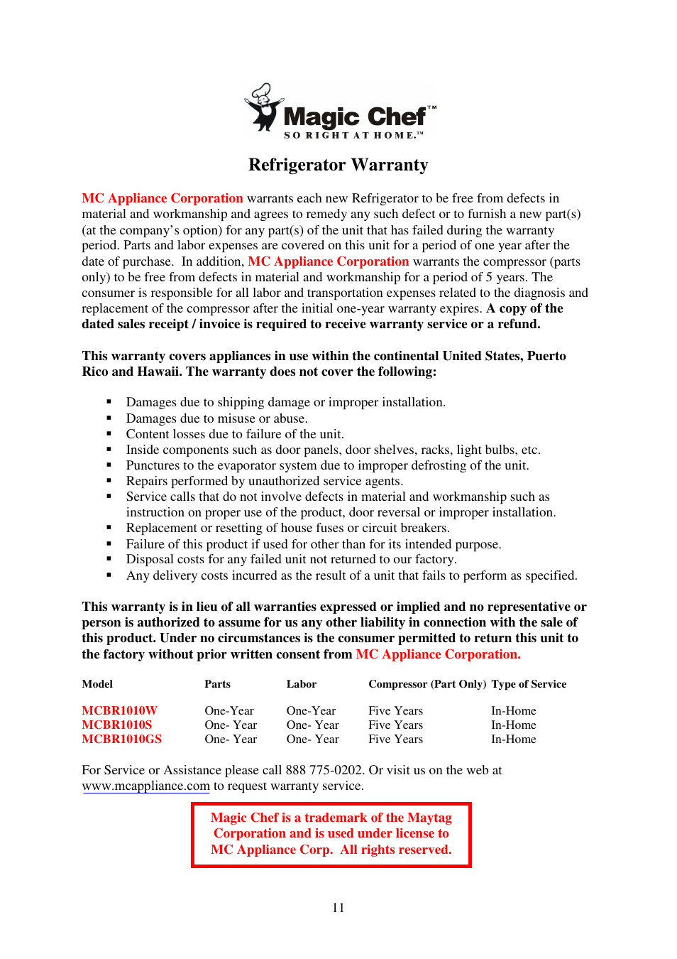 Refrigerator warranty | Magic Chef MCBR1010W User Manual | Page 12 / 12