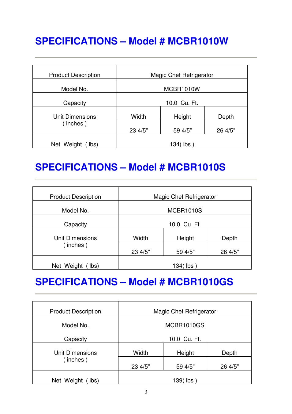Specifications – model # mcbr1010w, Specifications – model # mcbr1010s, Specifications – model # mcbr1010gs | Magic Chef MCBR1010W User Manual | Page 4 / 12