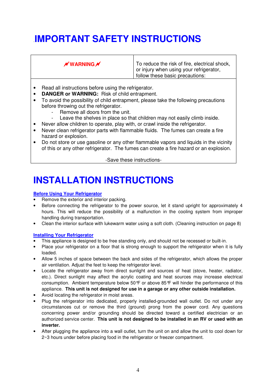 Important safety instructions, Installation instructions | Magic Chef MCBR1010W User Manual | Page 5 / 12