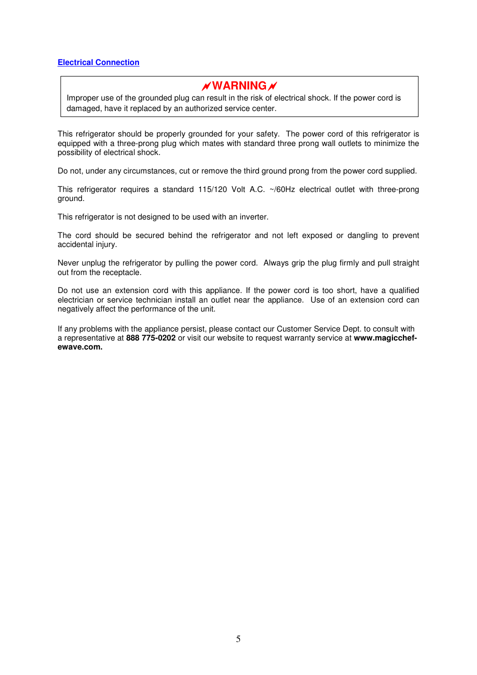 Warning | Magic Chef MCBR1010W User Manual | Page 6 / 12