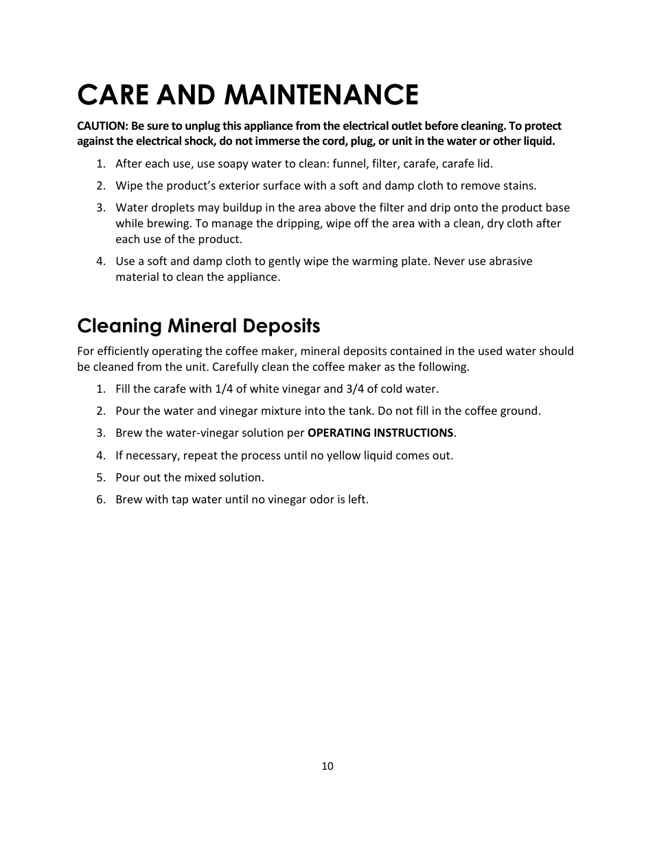 Care and maintenance, Cleaning mineral deposits | Magic Chef MCSCM12TB User Manual | Page 10 / 11