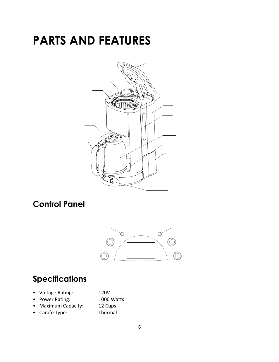 Parts and features, Control panel, Specifications | Magic Chef MCSCM12TB User Manual | Page 6 / 11