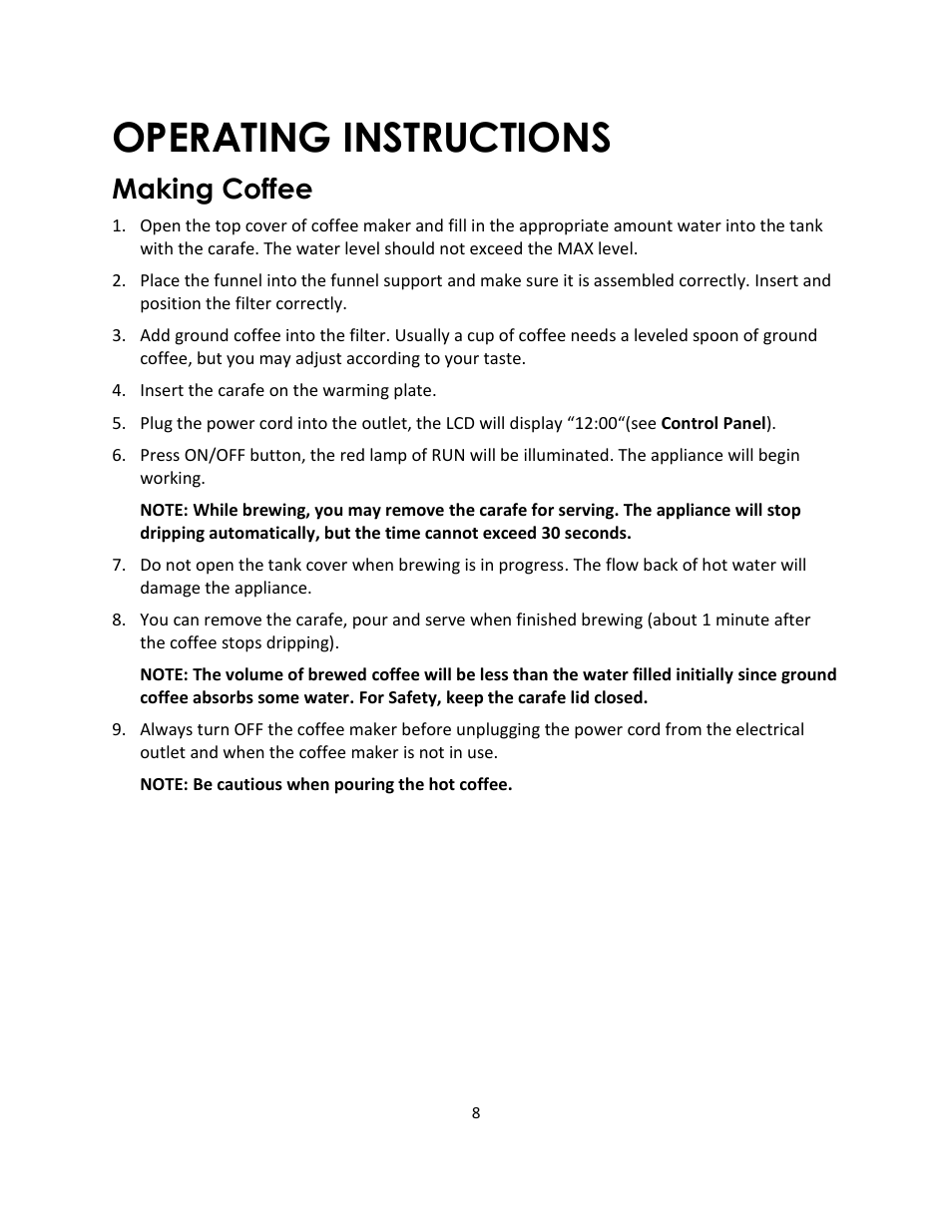 Operating instructions, Making coffee | Magic Chef MCSCM12TB User Manual | Page 8 / 11