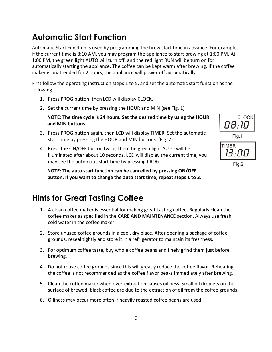Automatic start function, Hints for great tasting coffee | Magic Chef MCSCM12TB User Manual | Page 9 / 11