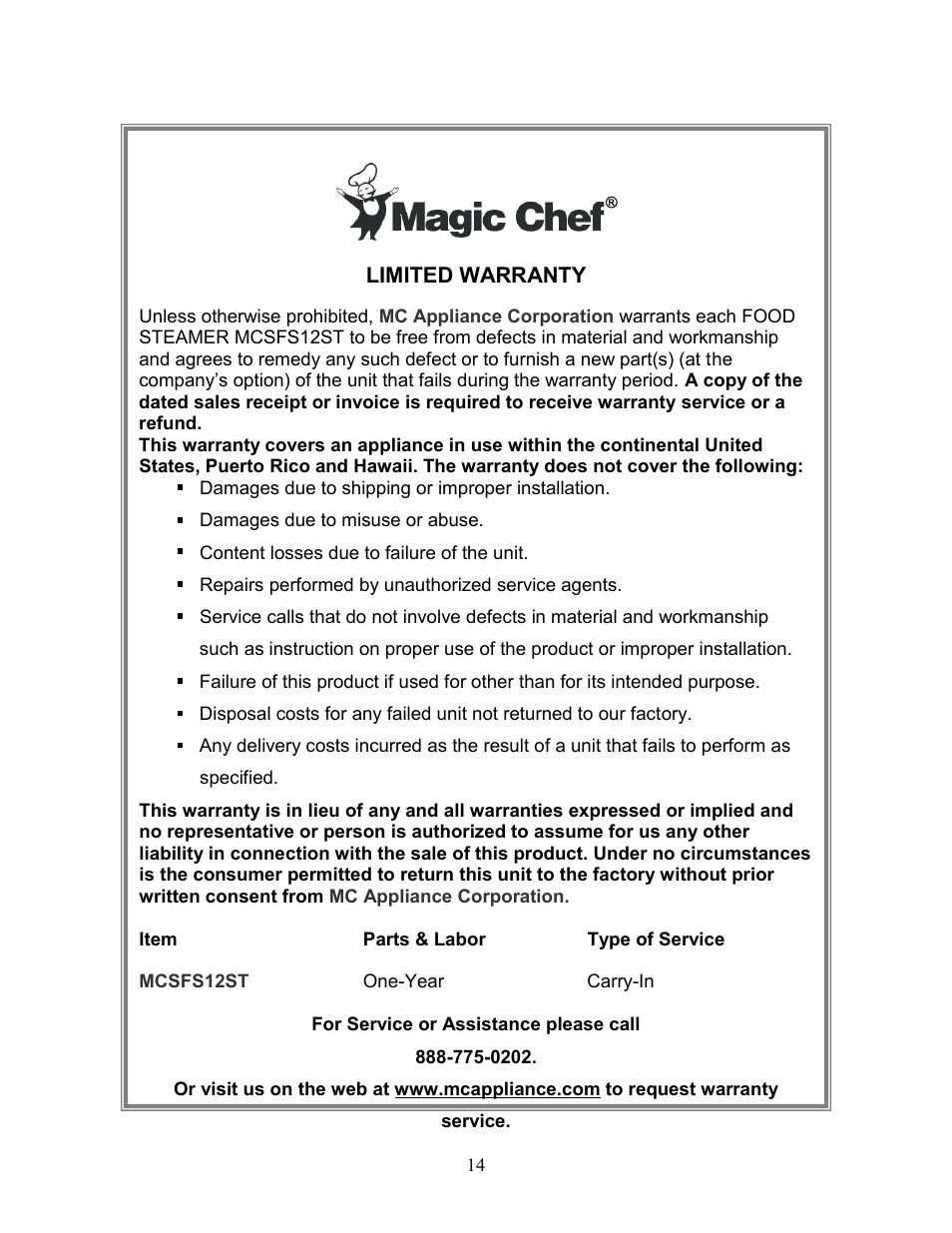 Magic Chef MCSFS12ST User Manual | Page 14 / 14