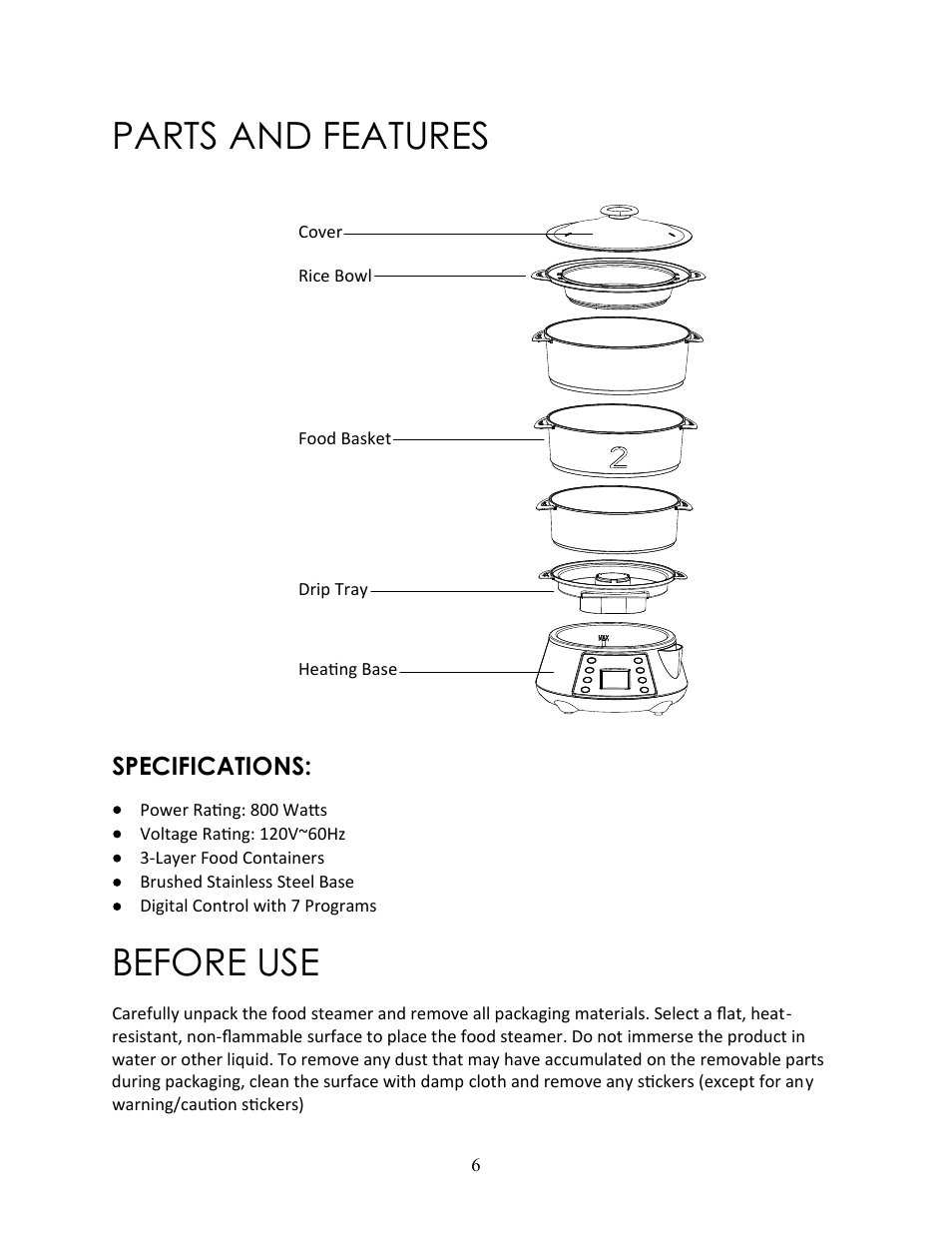 Parts and features, Before use | Magic Chef MCSFS12ST User Manual | Page 6 / 14