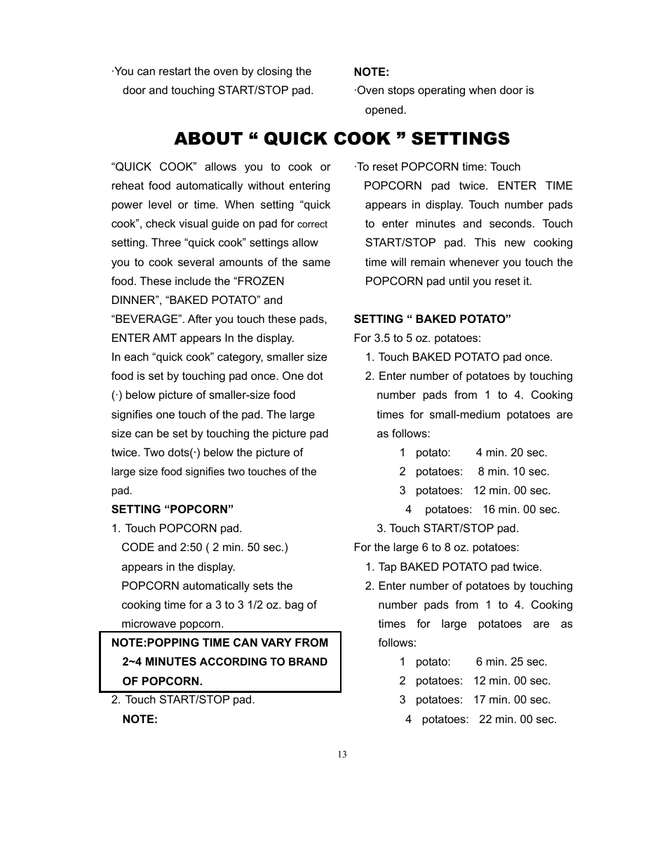 About “ quick cook ” settings | Magic Chef MCD775W User Manual | Page 14 / 17