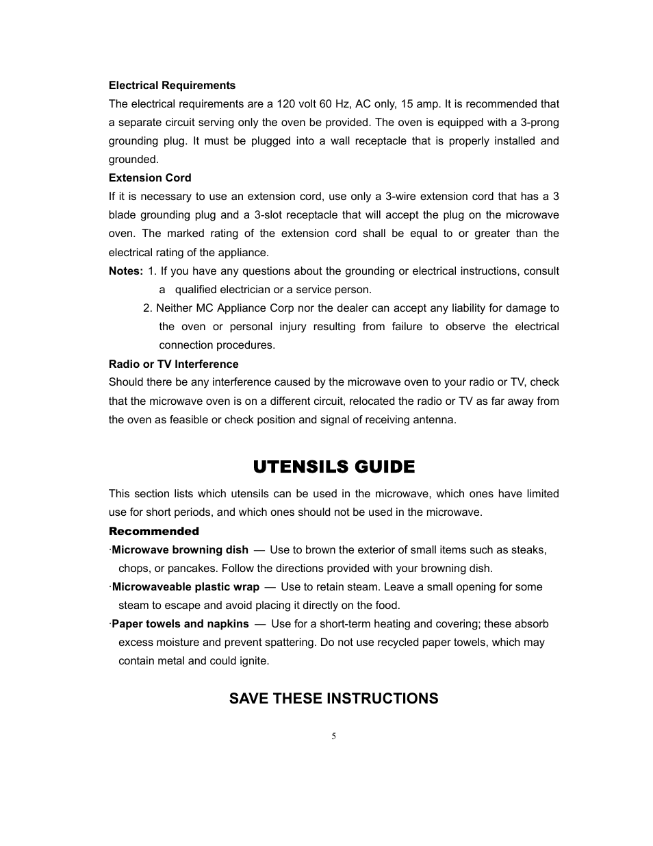 Utensils guide, Save these instructions | Magic Chef MCD775W User Manual | Page 6 / 17