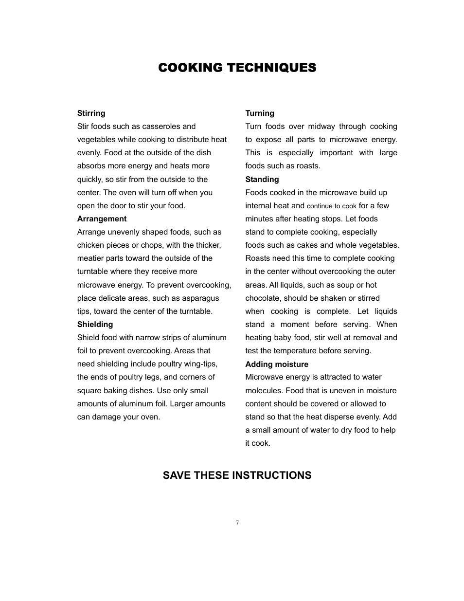 Cooking techniques, Save these instructions | Magic Chef MCD775W User Manual | Page 8 / 17