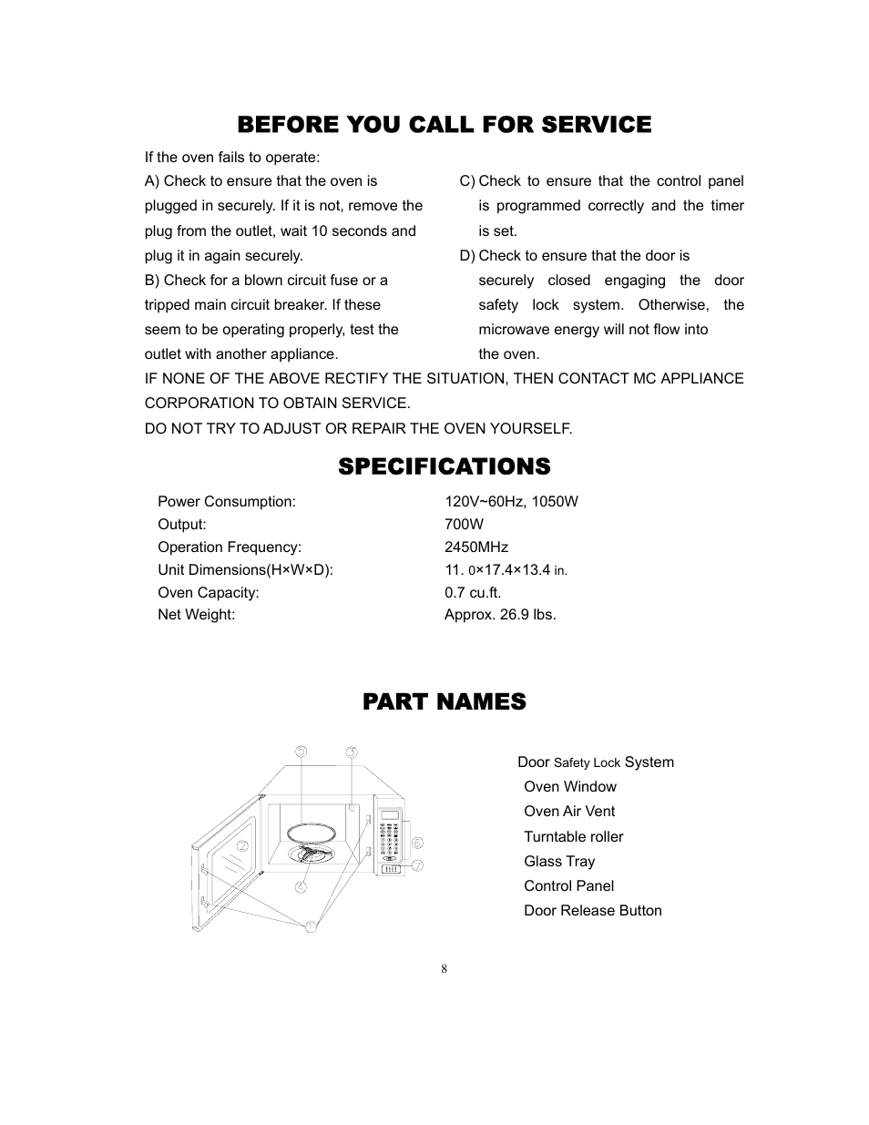 Before you call for service, Specifications, Part names | Magic Chef MCD775W User Manual | Page 9 / 17