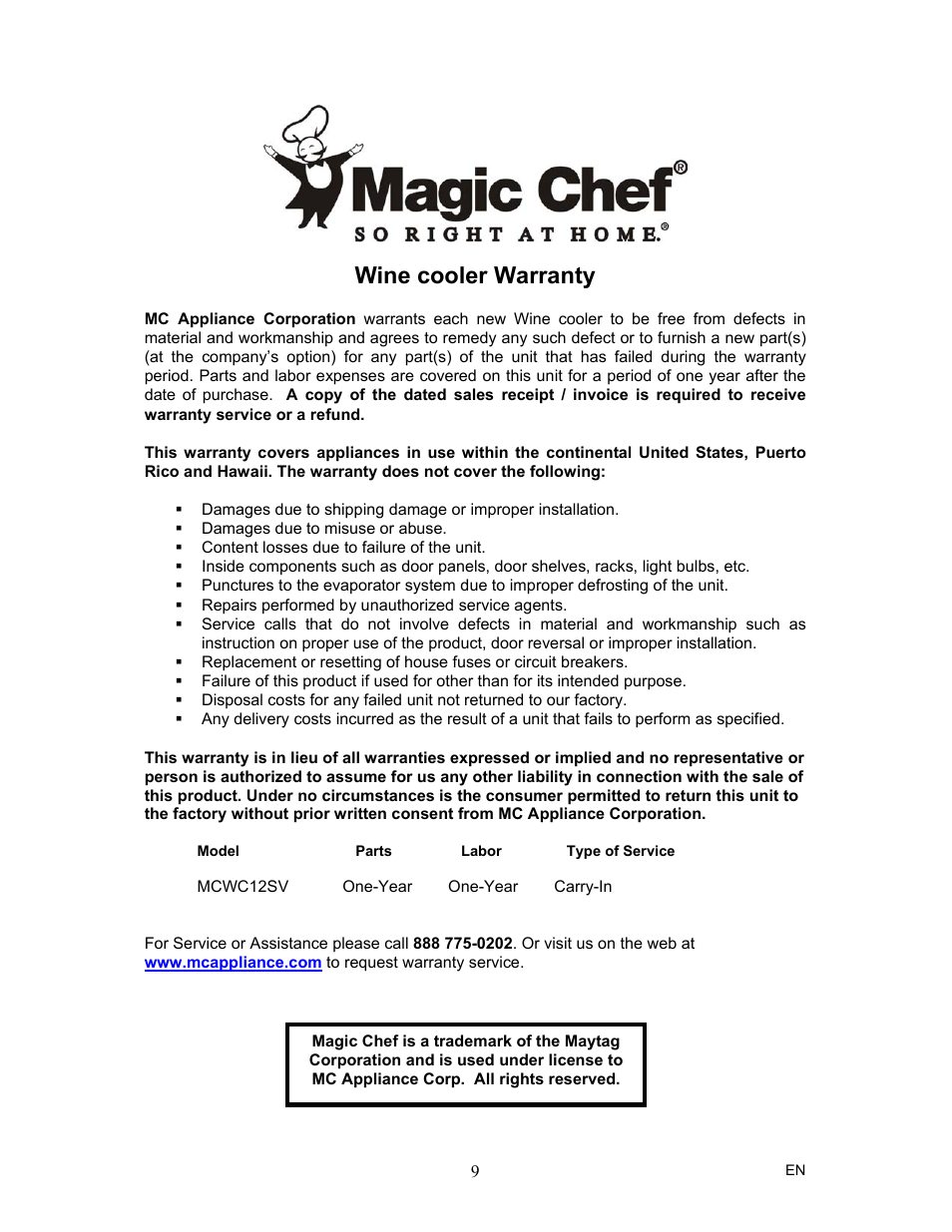 Wine cooler warranty | Magic Chef MCWC12SV User Manual | Page 10 / 10