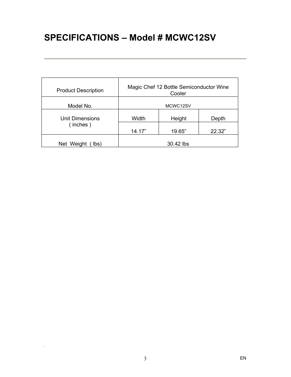 Specifications – model # mcwc12sv | Magic Chef MCWC12SV User Manual | Page 4 / 10