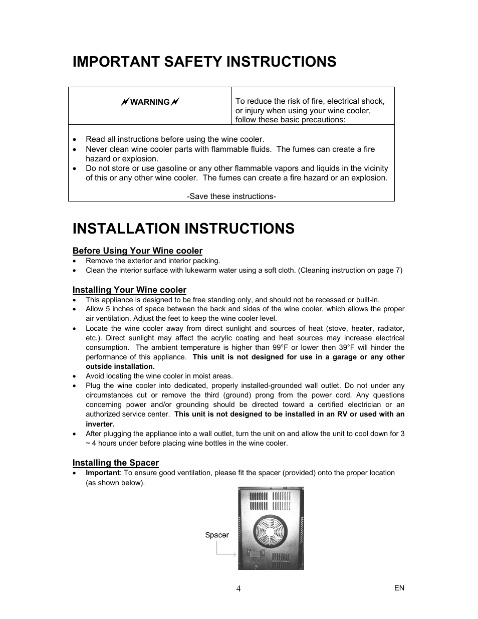 Important safety instructions, Installation instructions | Magic Chef MCWC12SV User Manual | Page 5 / 10