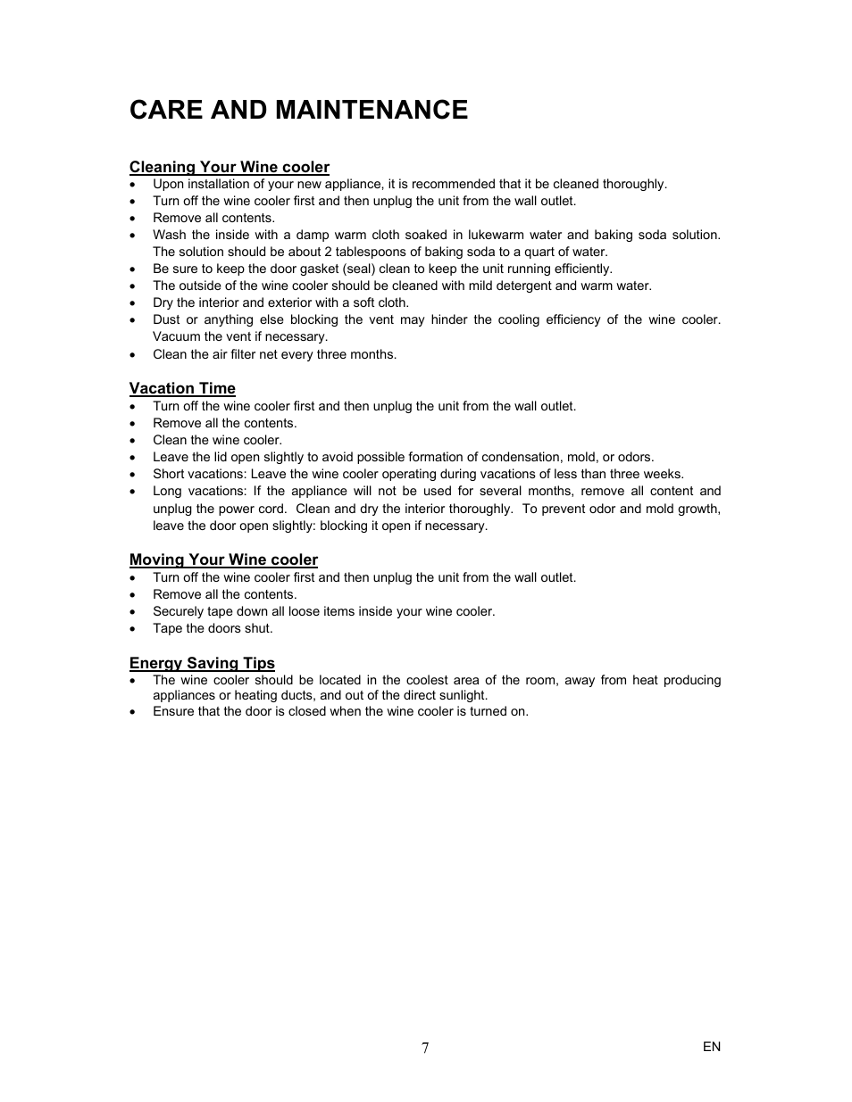 Care and maintenance | Magic Chef MCWC12SV User Manual | Page 8 / 10