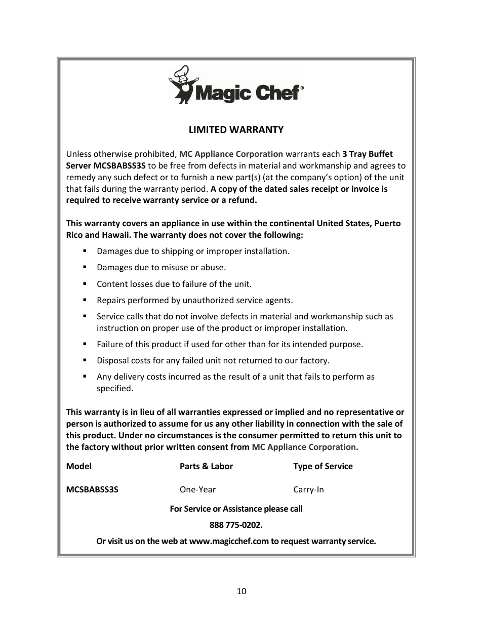 Magic Chef MCSBABSS3S User Manual | Page 10 / 10