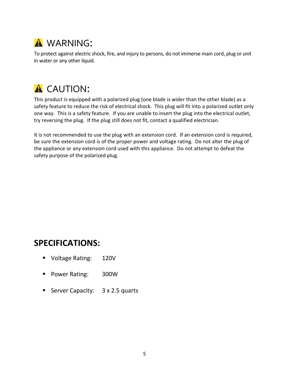 Warning, Caution, Specifications | Magic Chef MCSBABSS3S User Manual | Page 5 / 10