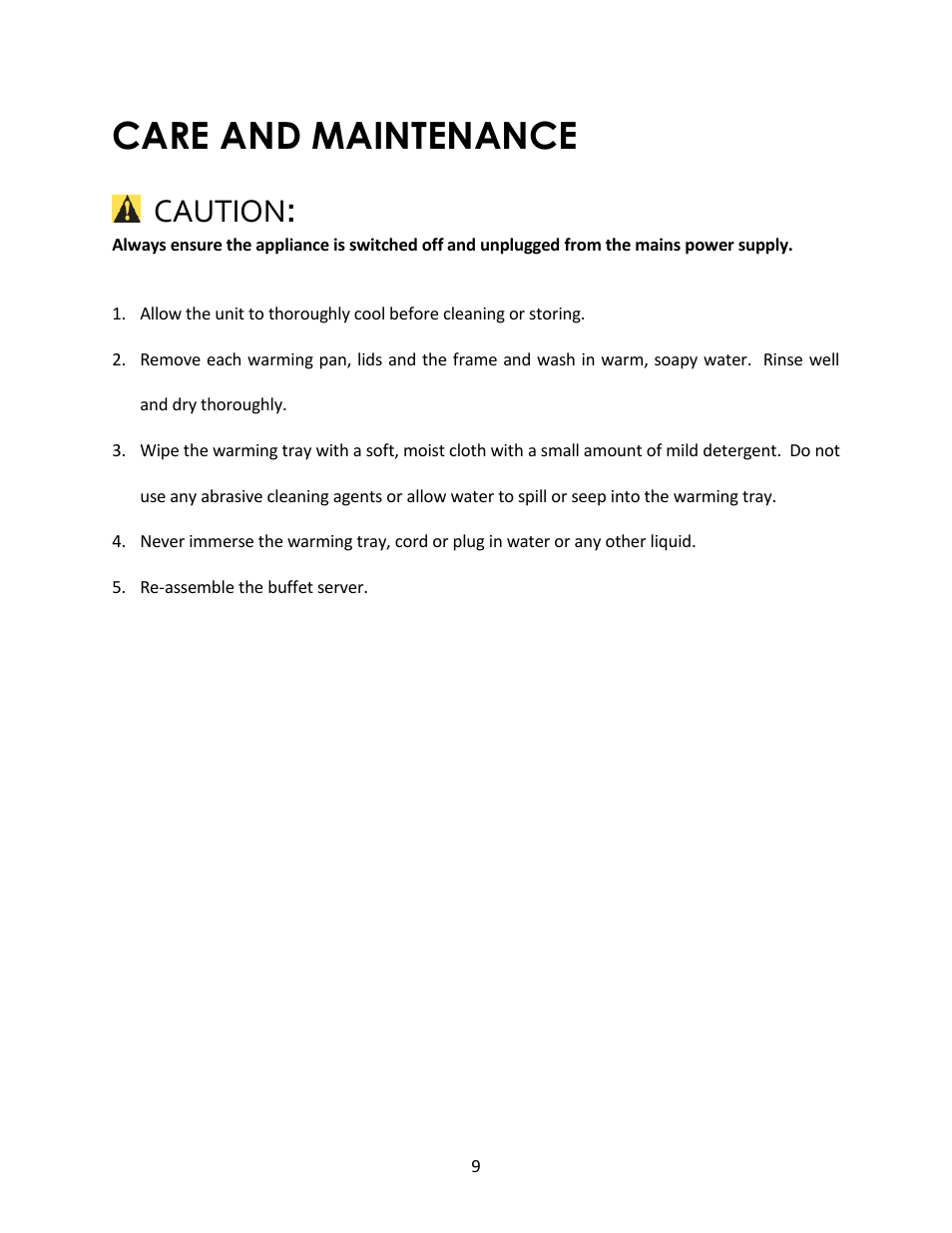Care and maintenance, Caution | Magic Chef MCSBABSS3S User Manual | Page 9 / 10