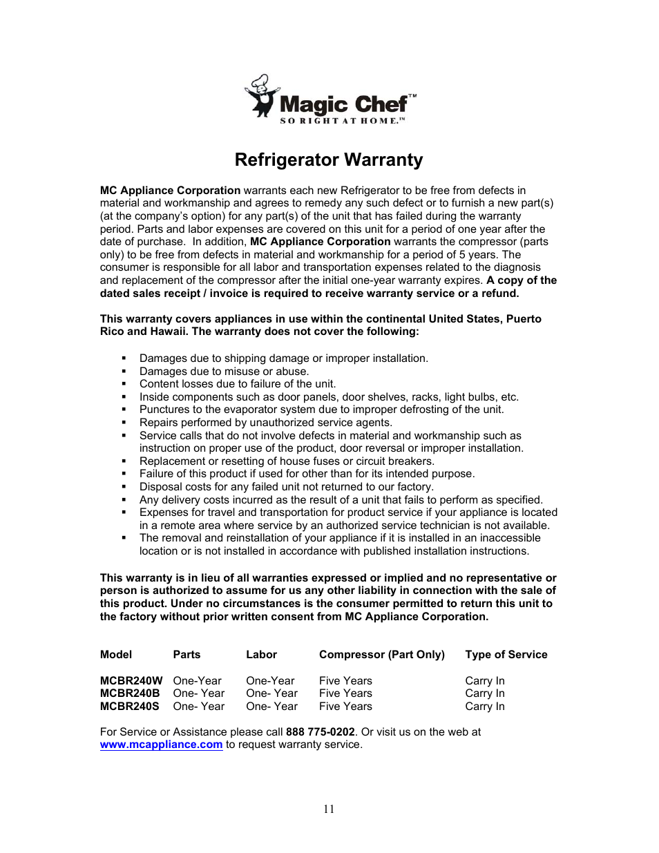 Refrigerator warranty | Magic Chef MCBR240W User Manual | Page 12 / 12