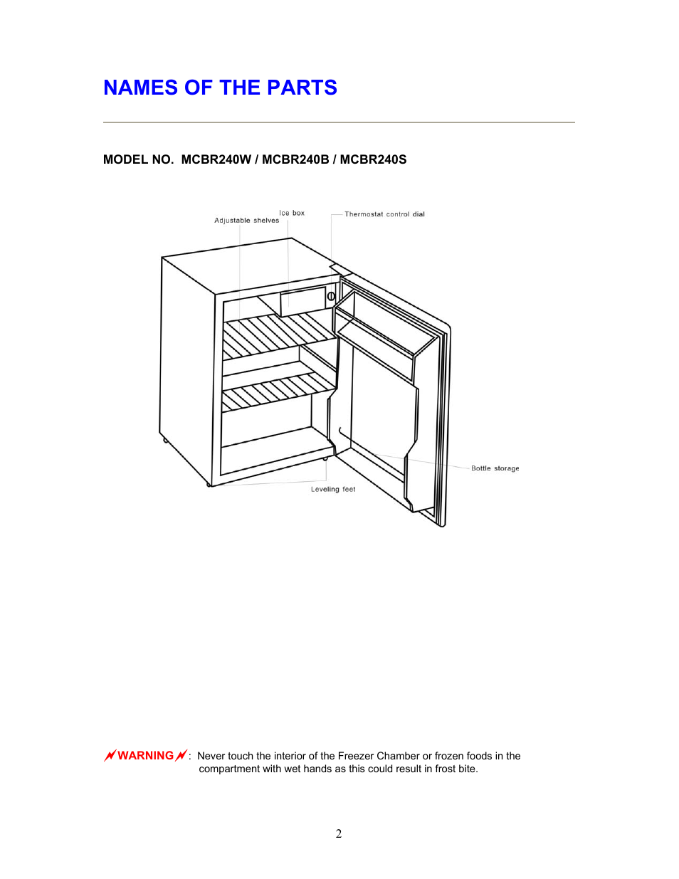 Names of the parts | Magic Chef MCBR240W User Manual | Page 3 / 12