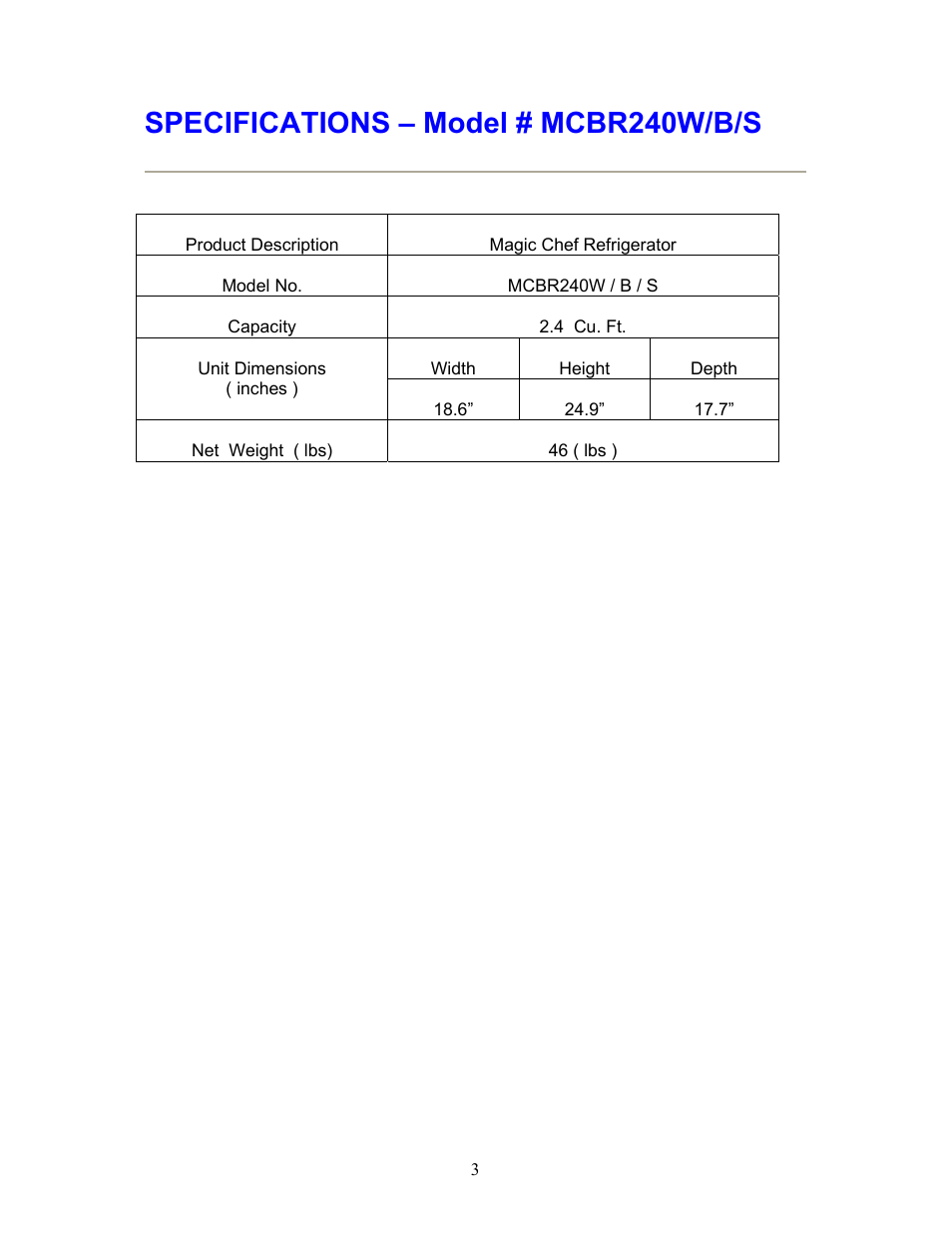 Specifications – model # mcbr240w/b/s | Magic Chef MCBR240W User Manual | Page 4 / 12