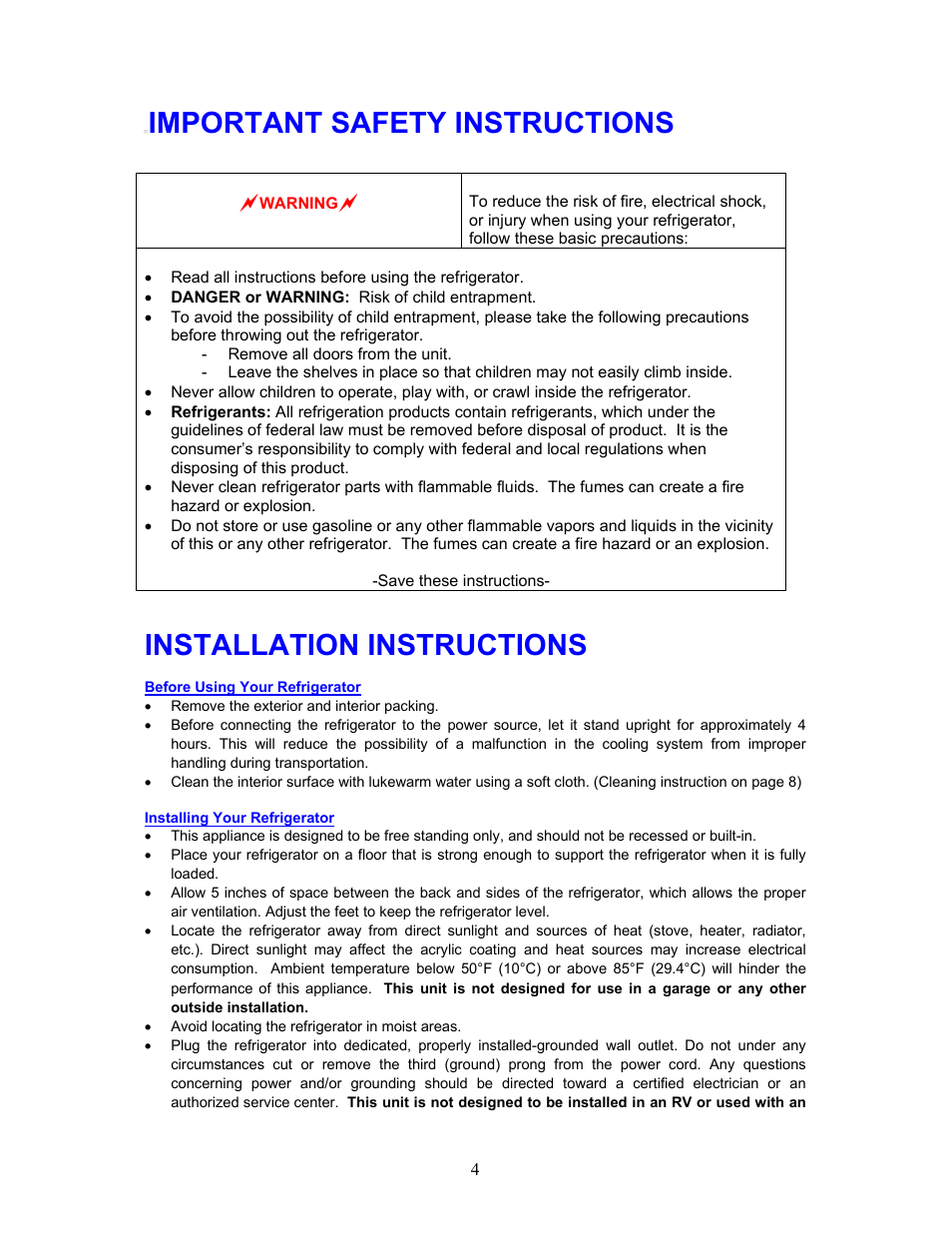Important safety instructions, Installation instructions | Magic Chef MCBR240W User Manual | Page 5 / 12