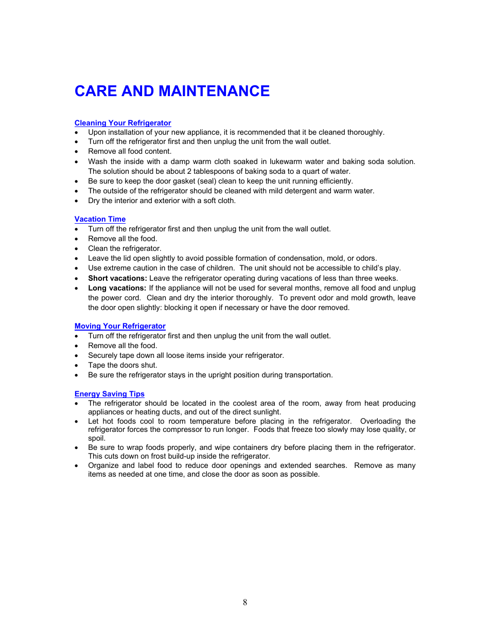 Care and maintenance | Magic Chef MCBR240W User Manual | Page 9 / 12