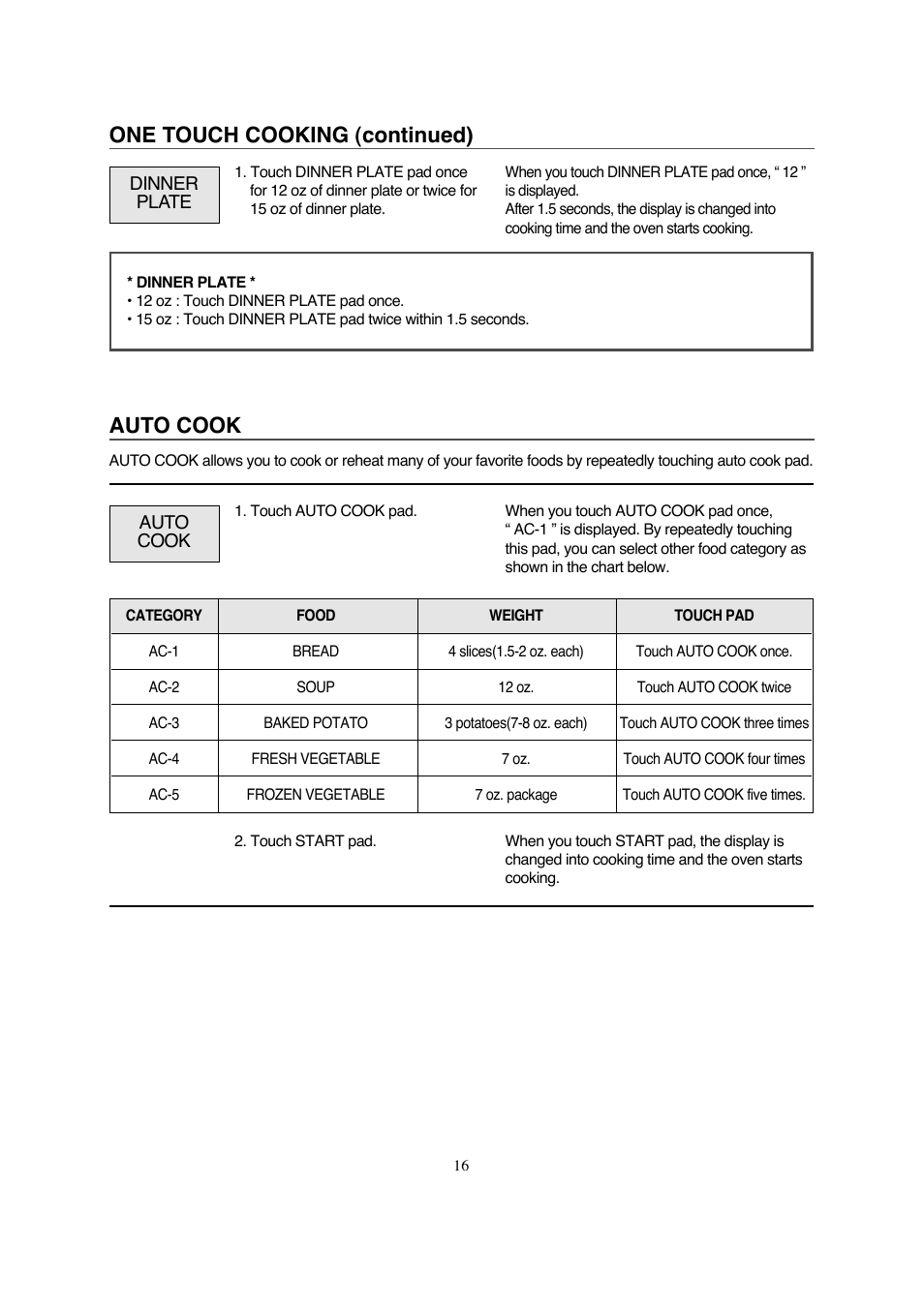 One touch cooking (continued), Auto cook | Magic Chef MCD990ARB User Manual | Page 17 / 33