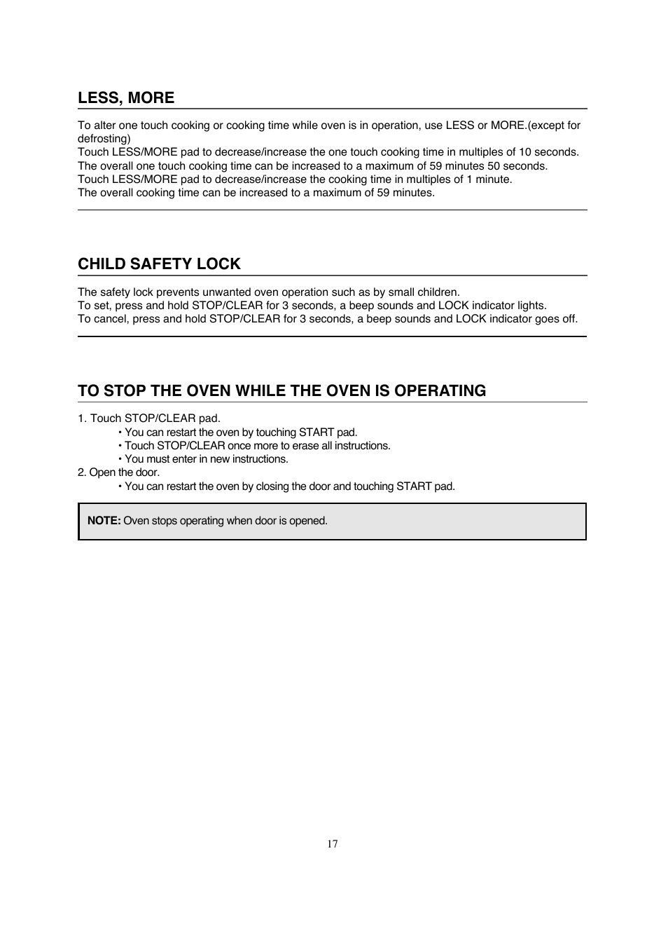 Less, more, Child safety lock | Magic Chef MCD990ARB User Manual | Page 18 / 33