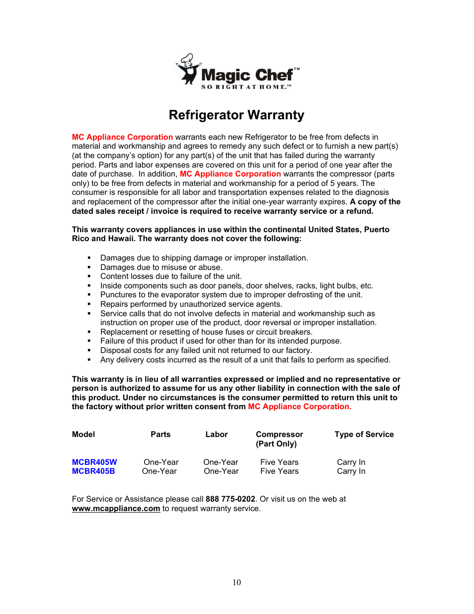 Refrigerator warranty | Magic Chef MCBR405B User Manual | Page 11 / 11