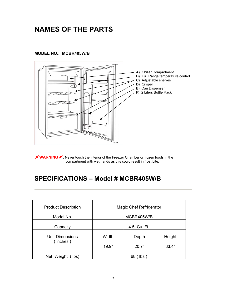 Names of the parts, Specifications – model # mcbr405w/b | Magic Chef MCBR405B User Manual | Page 3 / 11