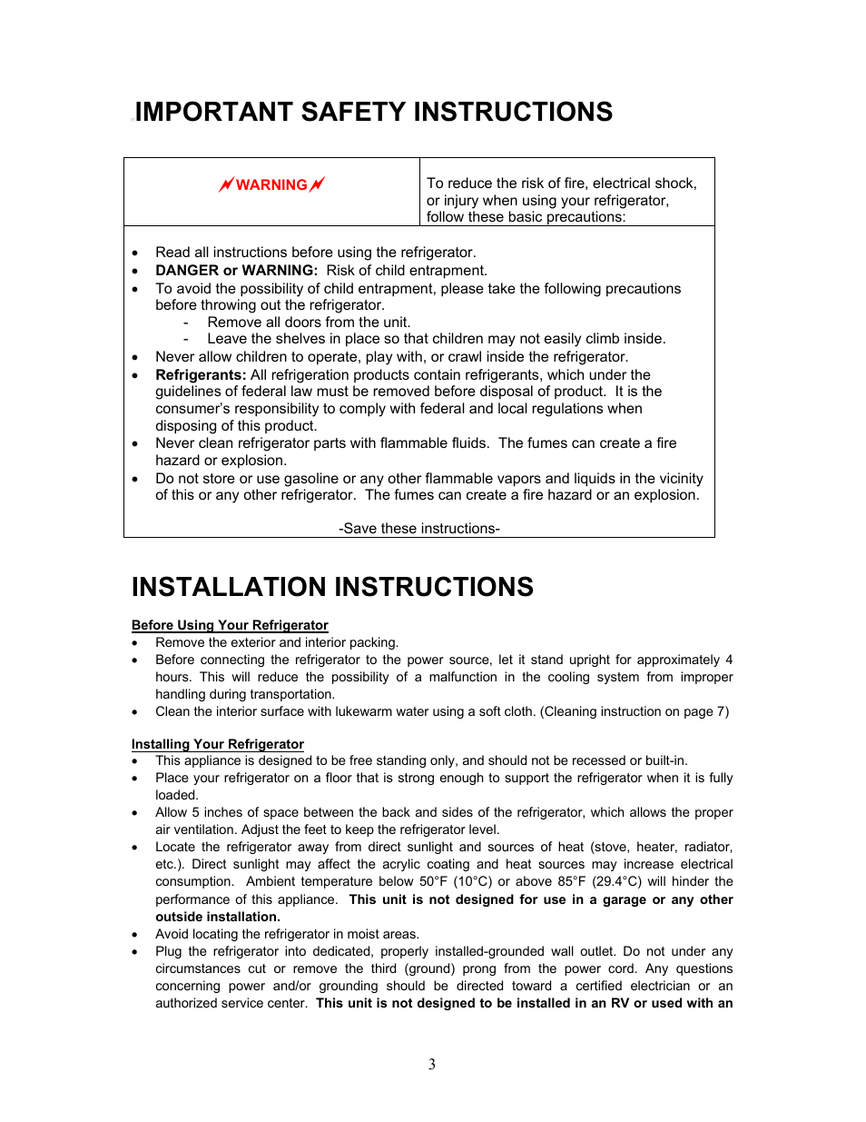 Important safety instructions, Installation instructions | Magic Chef MCBR405B User Manual | Page 4 / 11