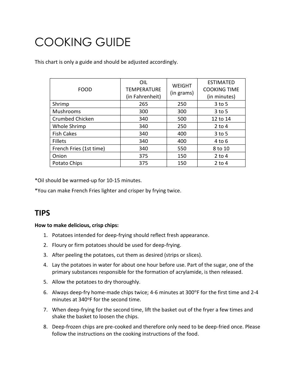 Cooking guide, Tips | Magic Chef MCSDF6ST User Manual | Page 10 / 14