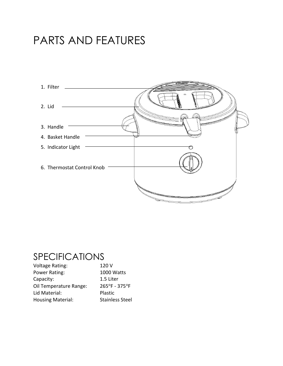 Parts and features, Specifications | Magic Chef MCSDF6ST User Manual | Page 7 / 14