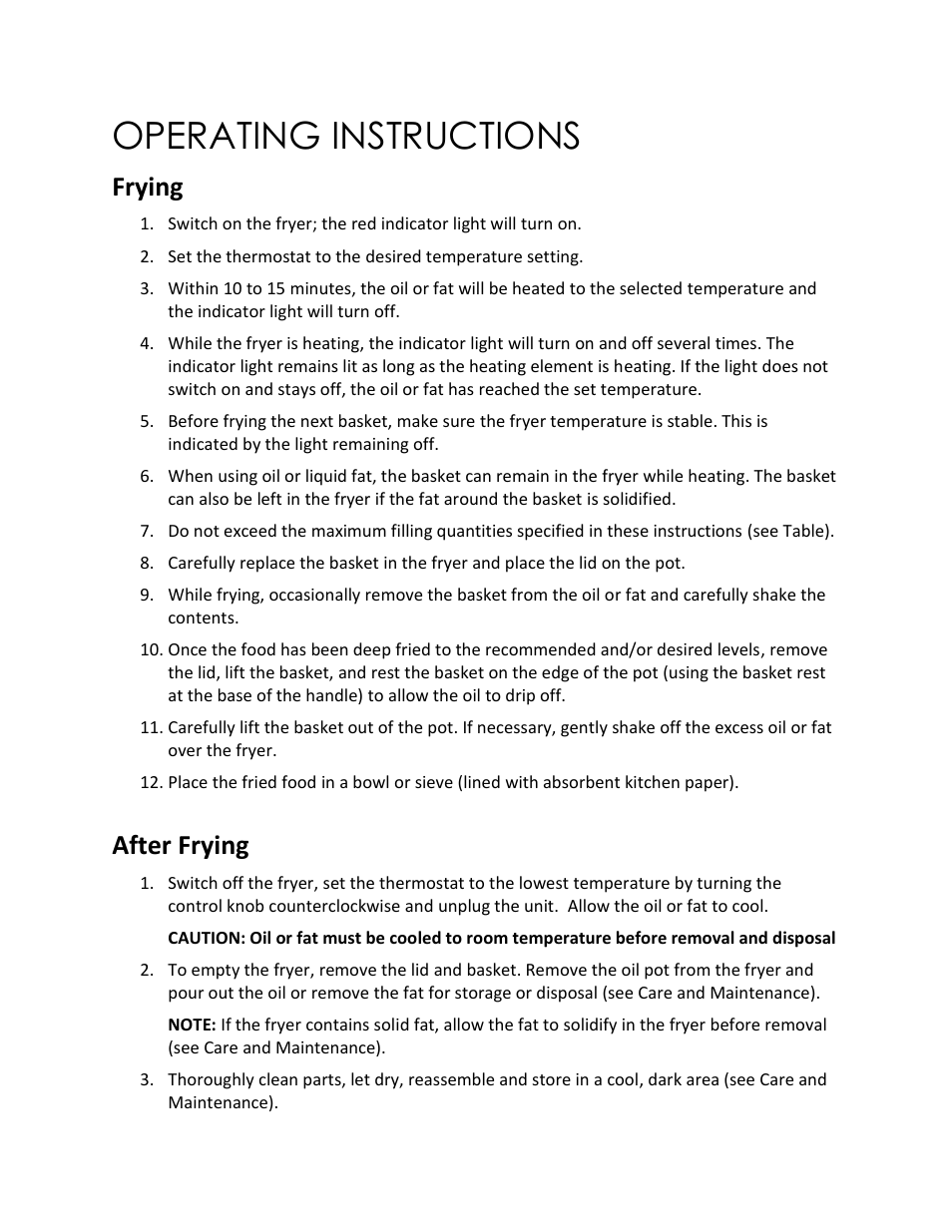 Operating instructions, Frying, After frying | Magic Chef MCSDF6ST User Manual | Page 9 / 14
