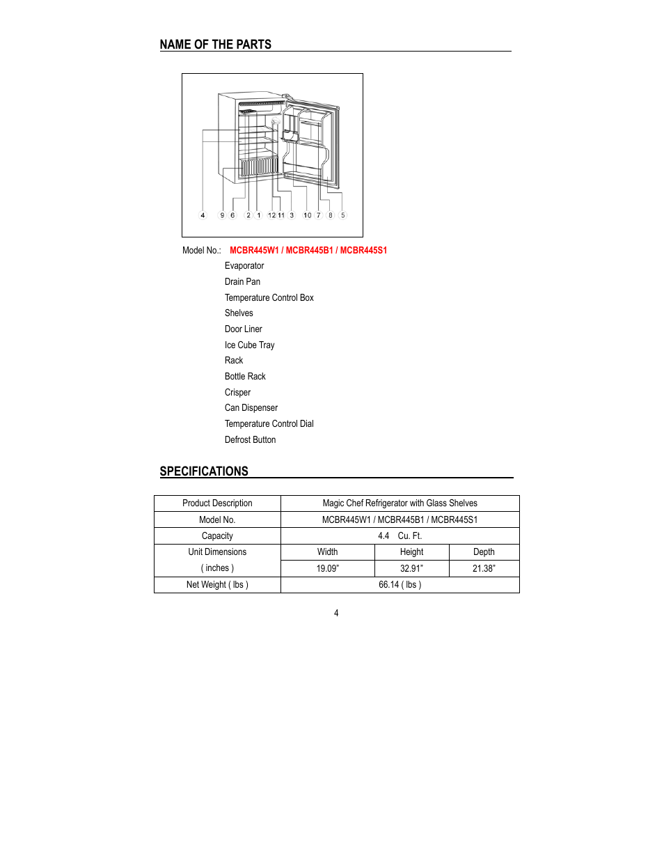 Name of the parts, Specifications | Magic Chef MCBR445B1 User Manual | Page 5 / 11