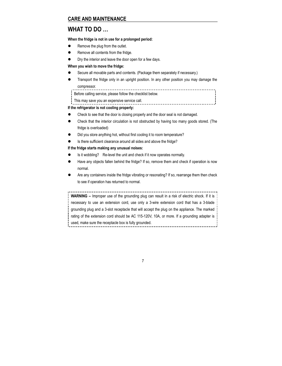 What to do, Care and maintenance | Magic Chef MCBR445B1 User Manual | Page 8 / 11