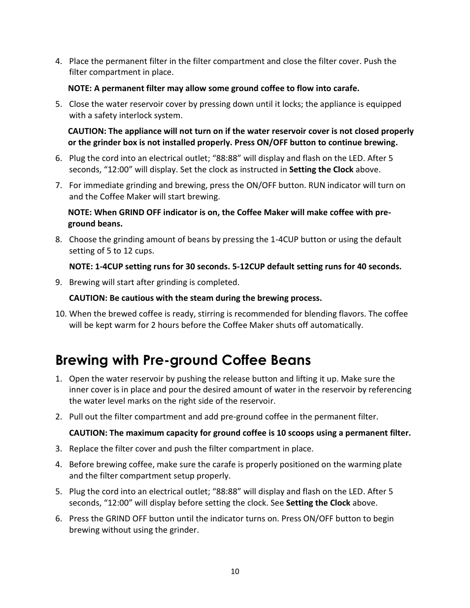 Brewing with pre-ground coffee beans | Magic Chef MCSCM10PGBST User Manual | Page 10 / 12