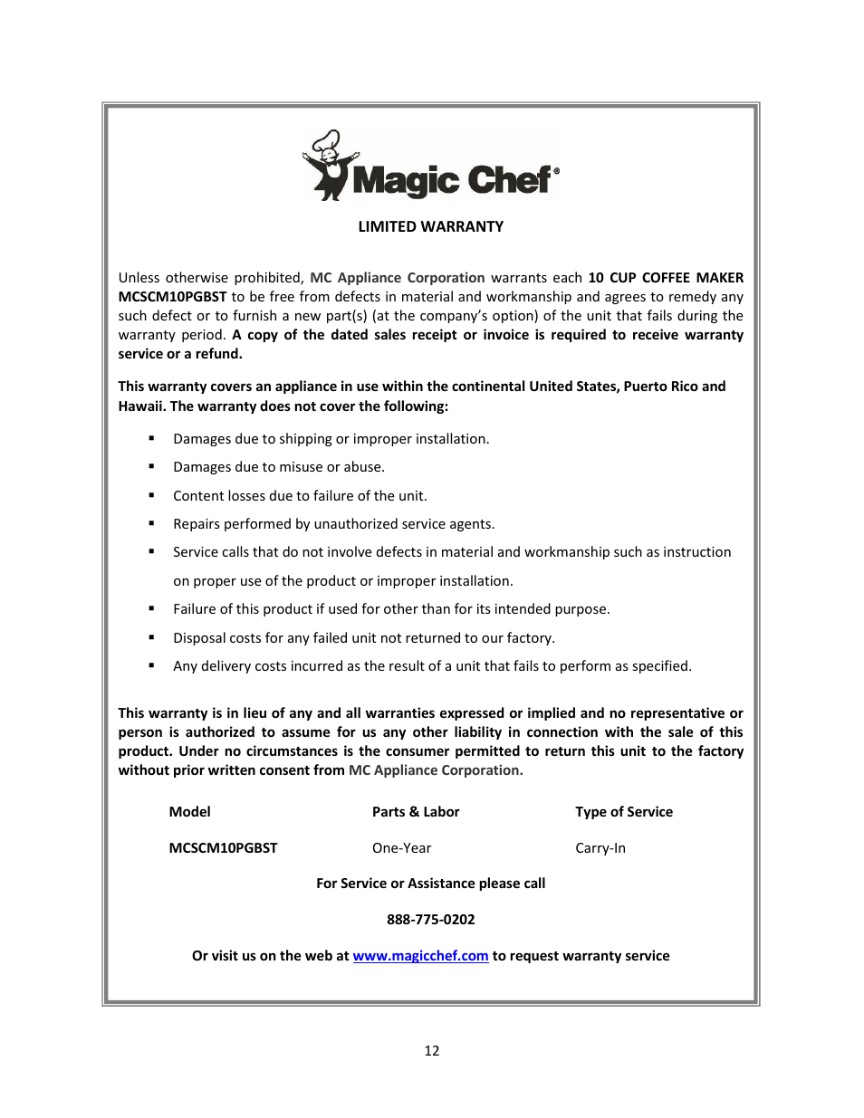 Magic Chef MCSCM10PGBST User Manual | Page 12 / 12