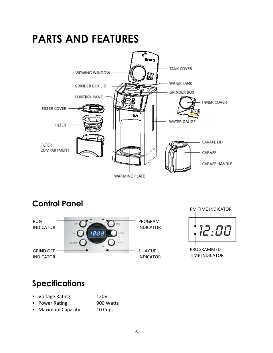 Parts and features, Control panel, Specifications | Magic Chef MCSCM10PGBST User Manual | Page 6 / 12