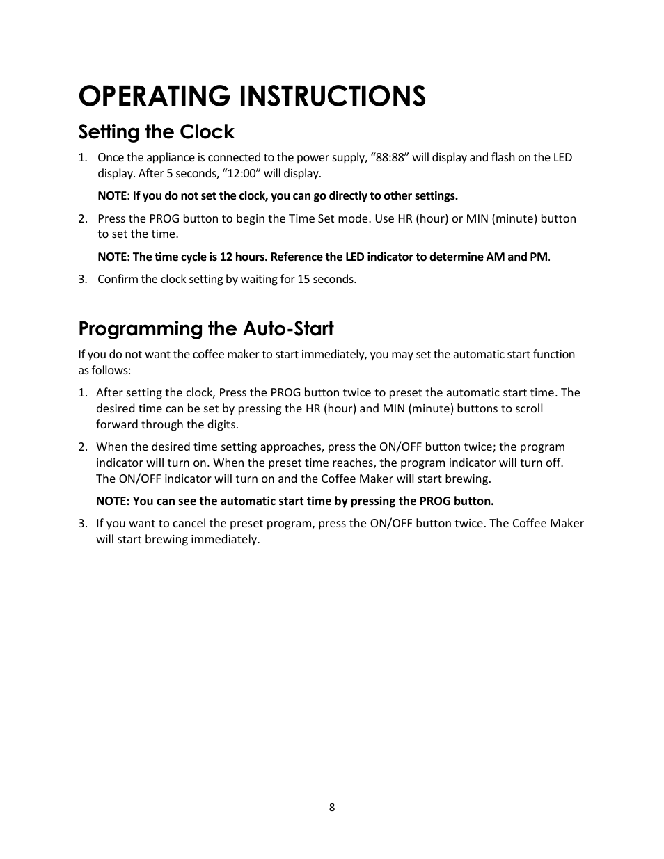 Operating instructions, Setting the clock, Programming the auto-start | Magic Chef MCSCM10PGBST User Manual | Page 8 / 12