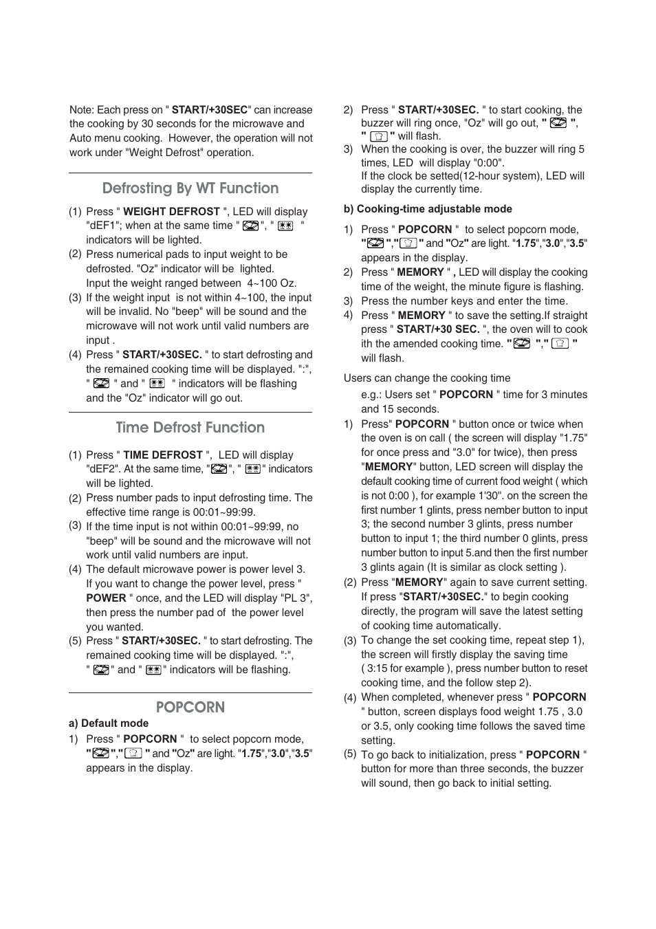 Popcorn defrosting by wt function, Time defrost function | Magic Chef MCM1110STK User Manual | Page 10 / 18