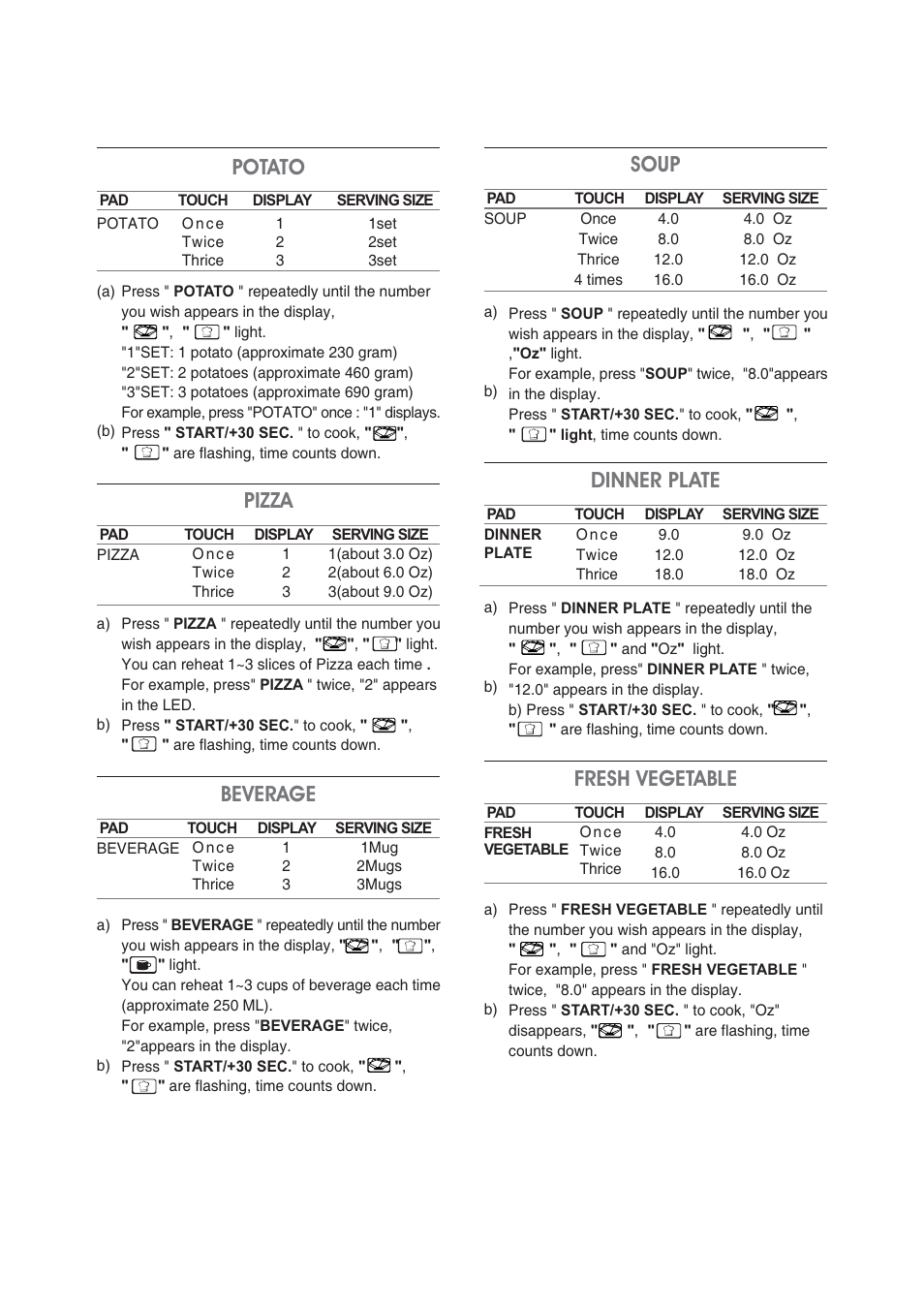 Pizza potato, Beverage, Soup | Dinner plate, Fresh vegetable | Magic Chef MCM1110STK User Manual | Page 11 / 18