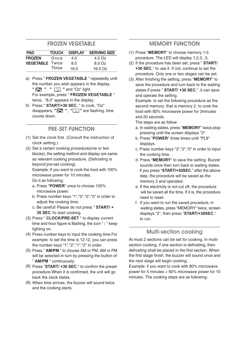 Frozen vegetable, Pre-set function | Magic Chef MCM1110STK User Manual | Page 12 / 18