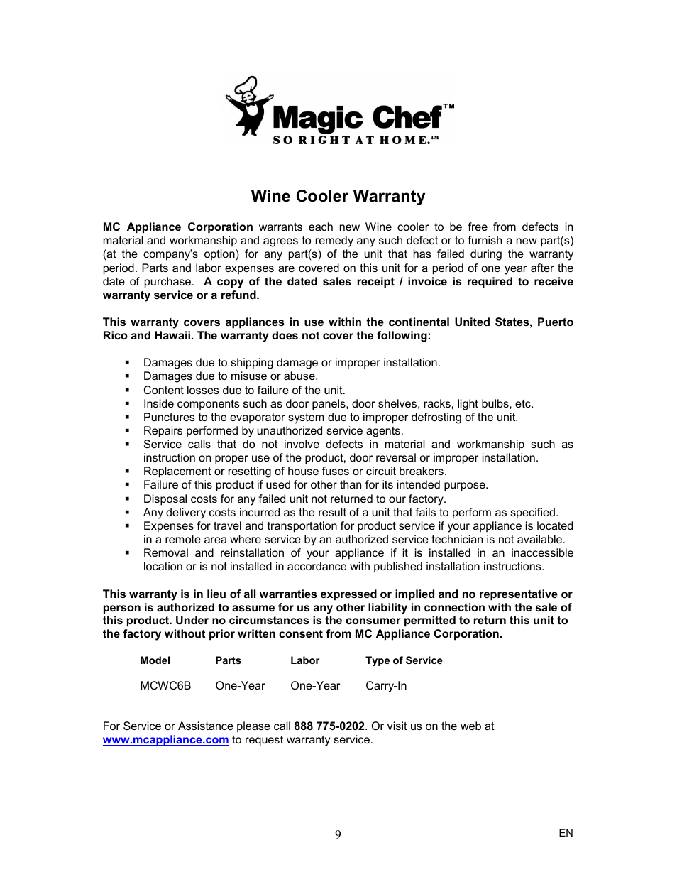 Wine cooler warranty | Magic Chef MCWC6B User Manual | Page 10 / 10