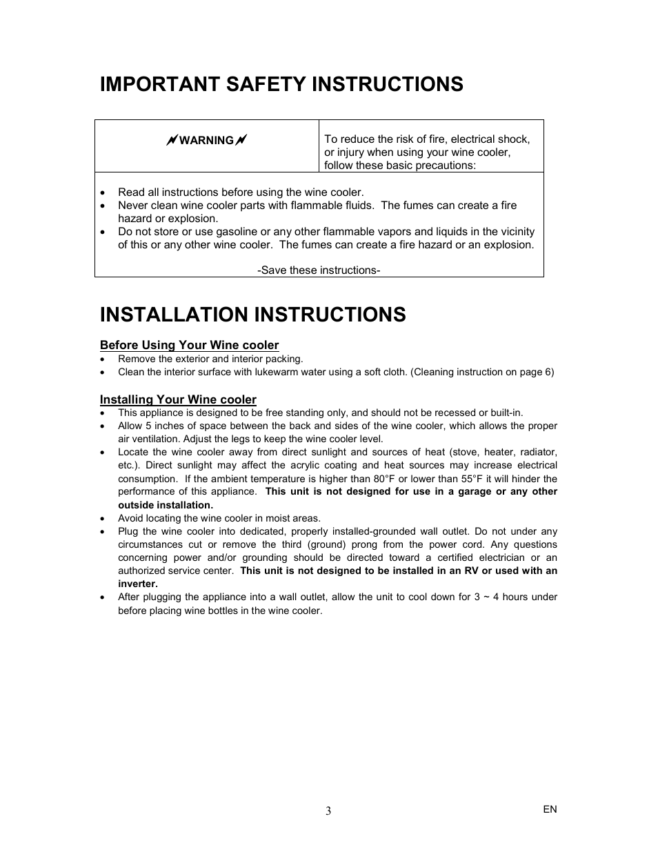 Important safety instructions, Installation instructions | Magic Chef MCWC6B User Manual | Page 4 / 10