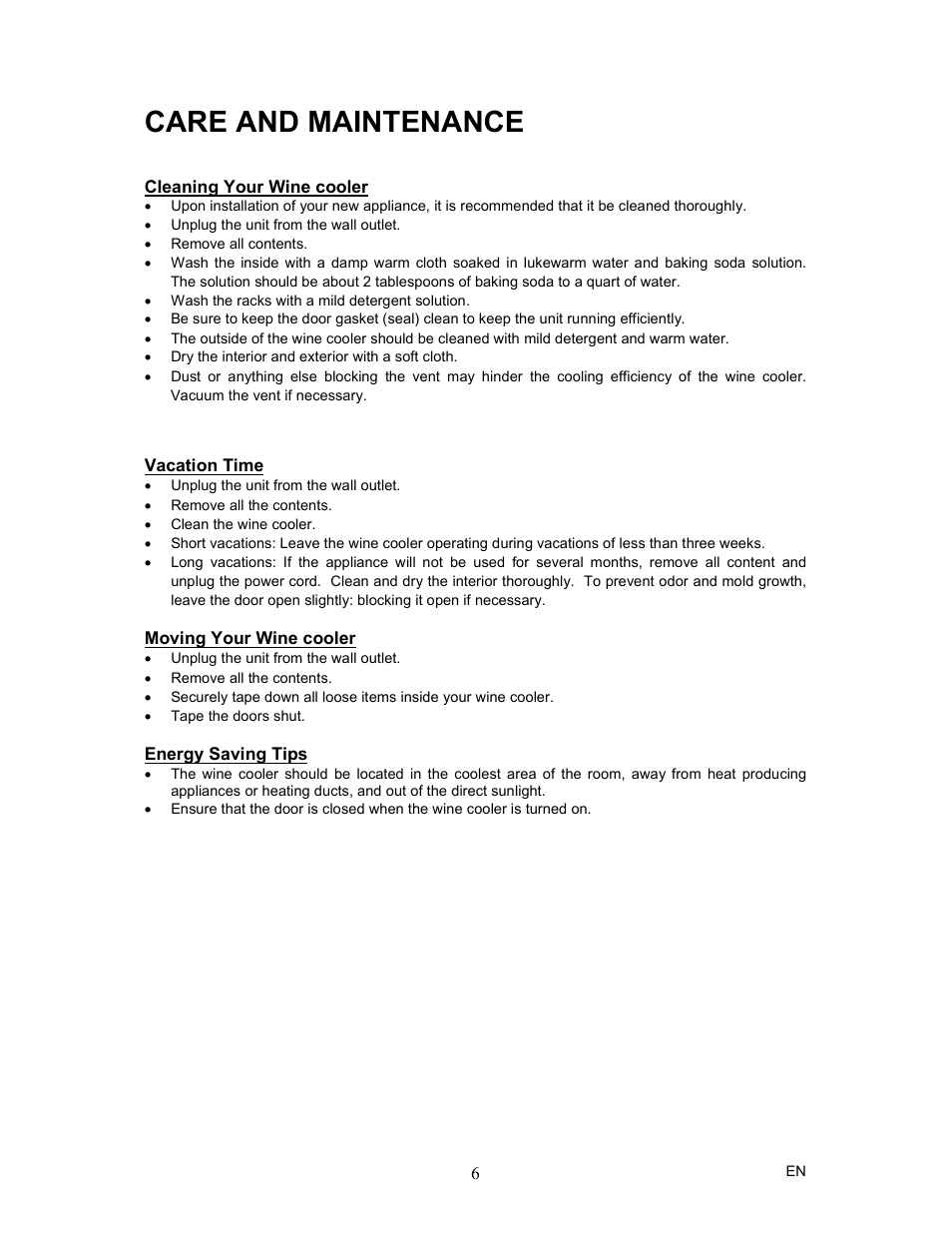 Care and maintenance | Magic Chef MCWC6B User Manual | Page 7 / 10