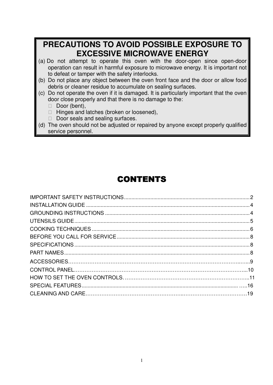 Contents contents contents contents | Magic Chef MCC1010STG User Manual | Page 2 / 21