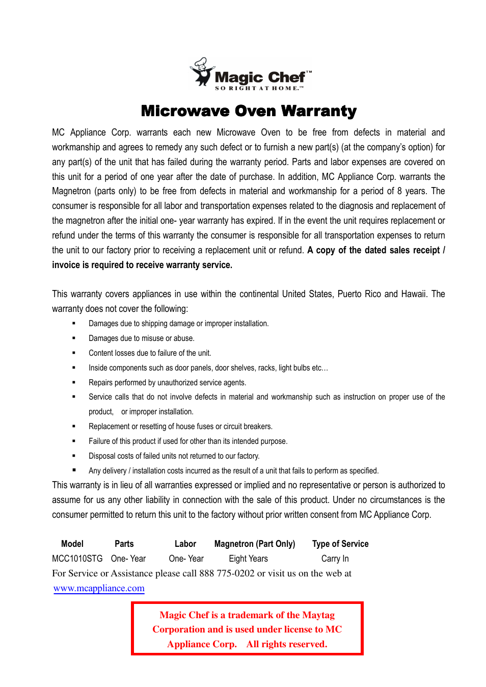 Magic Chef MCC1010STG User Manual | Page 21 / 21